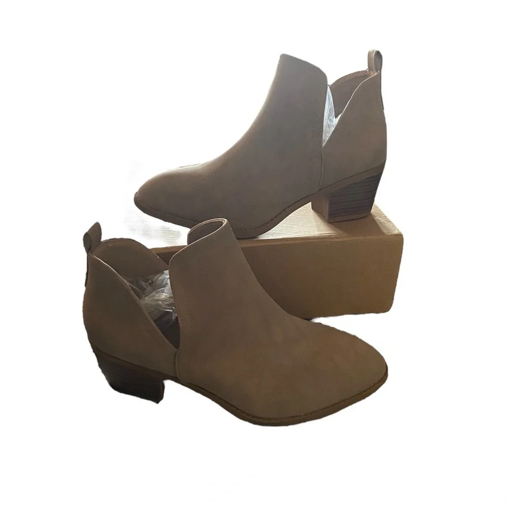 TRENDSUP Tan Ankle Boot Chelsea Square Toe Chunky Low Heel Booties Slip on fall